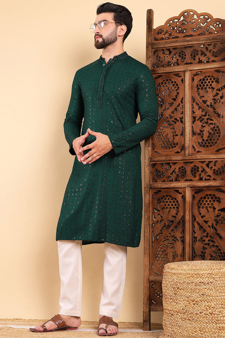 Green Viscose Rayon Solid Embroidered Straight Kurta For Men | SHOBITAM