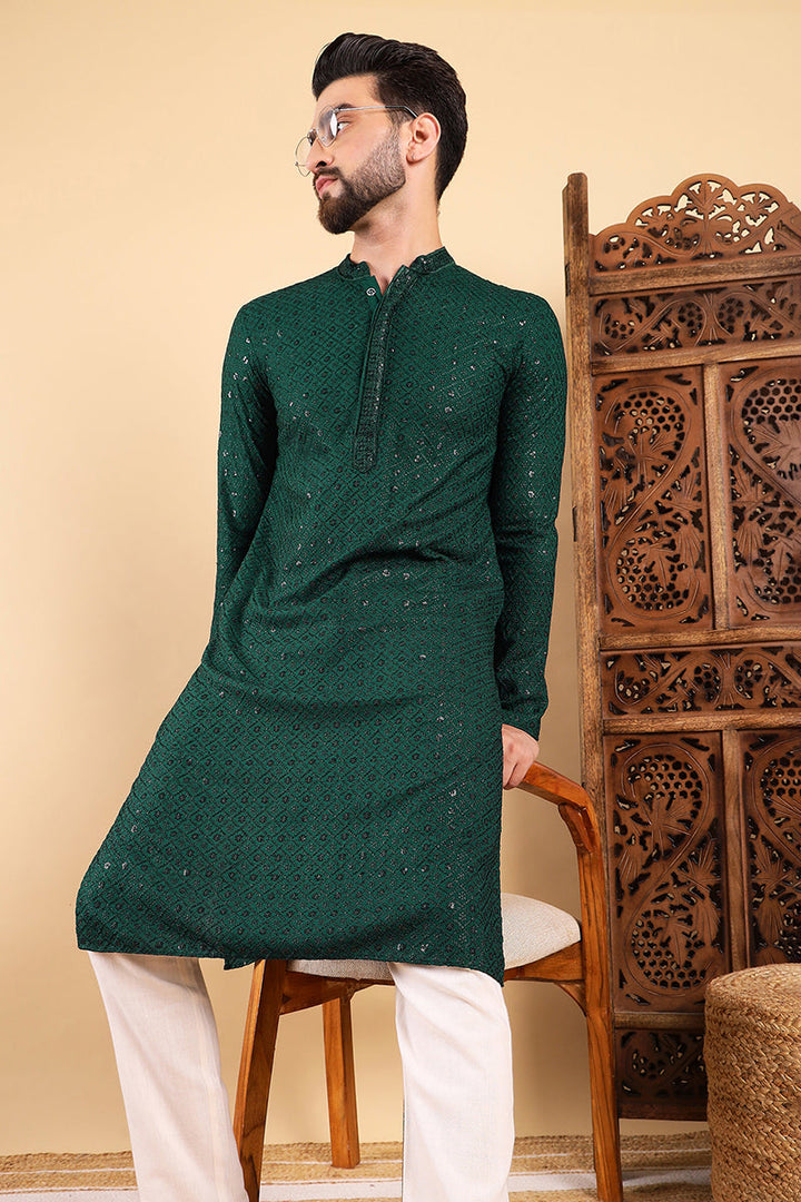 Green Viscose Rayon Solid Embroidered Straight Kurta For Men | SHOBITAM
