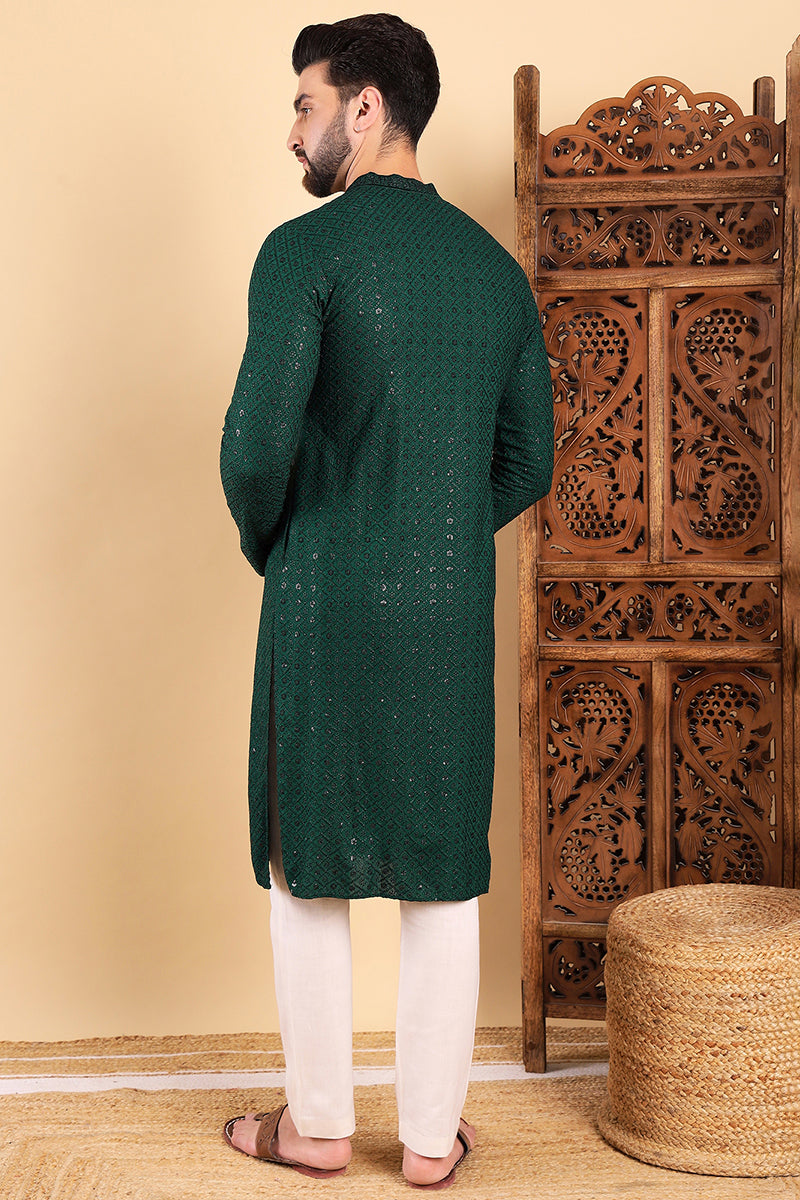 Green Viscose Rayon Solid Embroidered Straight Kurta For Men | SHOBITAM