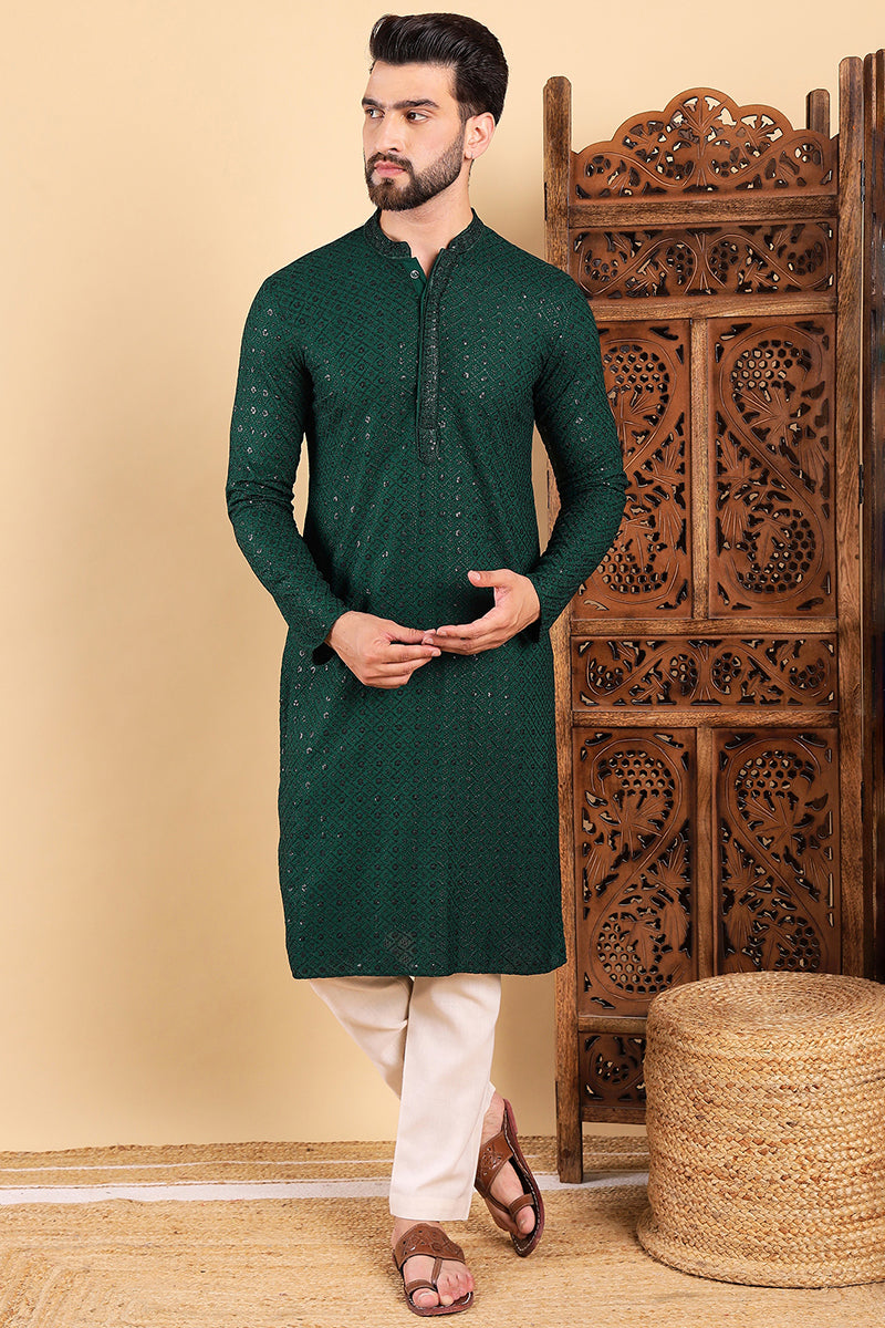 Green Viscose Rayon Solid Embroidered Straight Kurta For Men | SHOBITAM