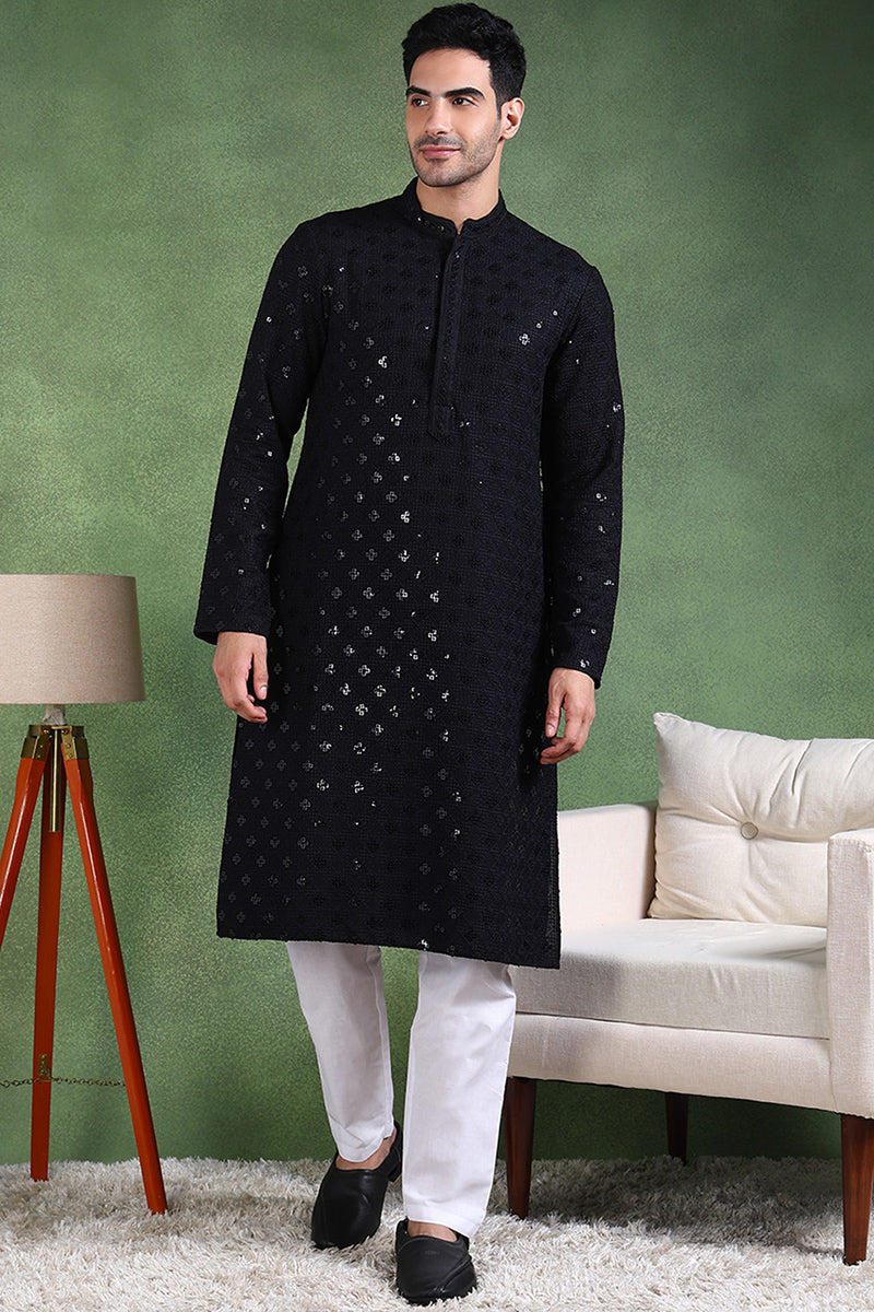 Ethnic Bay Black Viscose Rayon Solid Embroidered Straight Kurta For Men | SHOBITAM