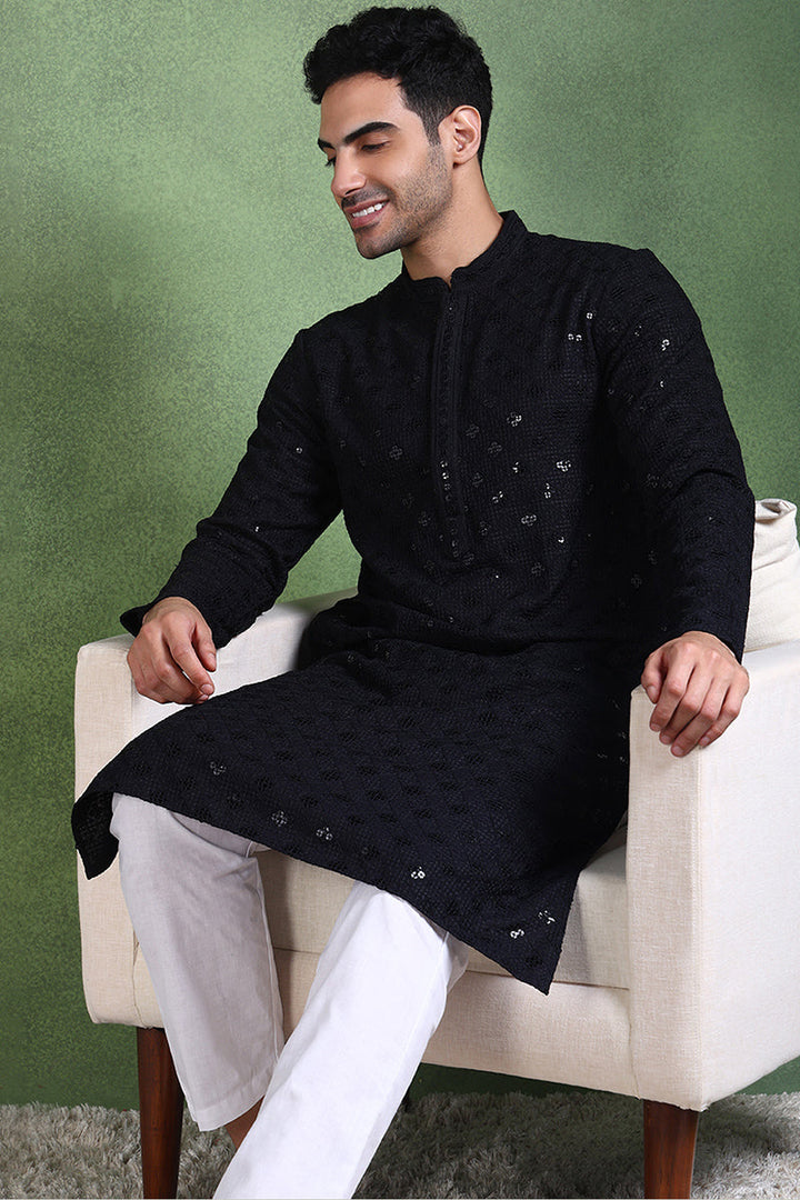Ethnic Bay Black Viscose Rayon Solid Embroidered Straight Kurta For Men | SHOBITAM