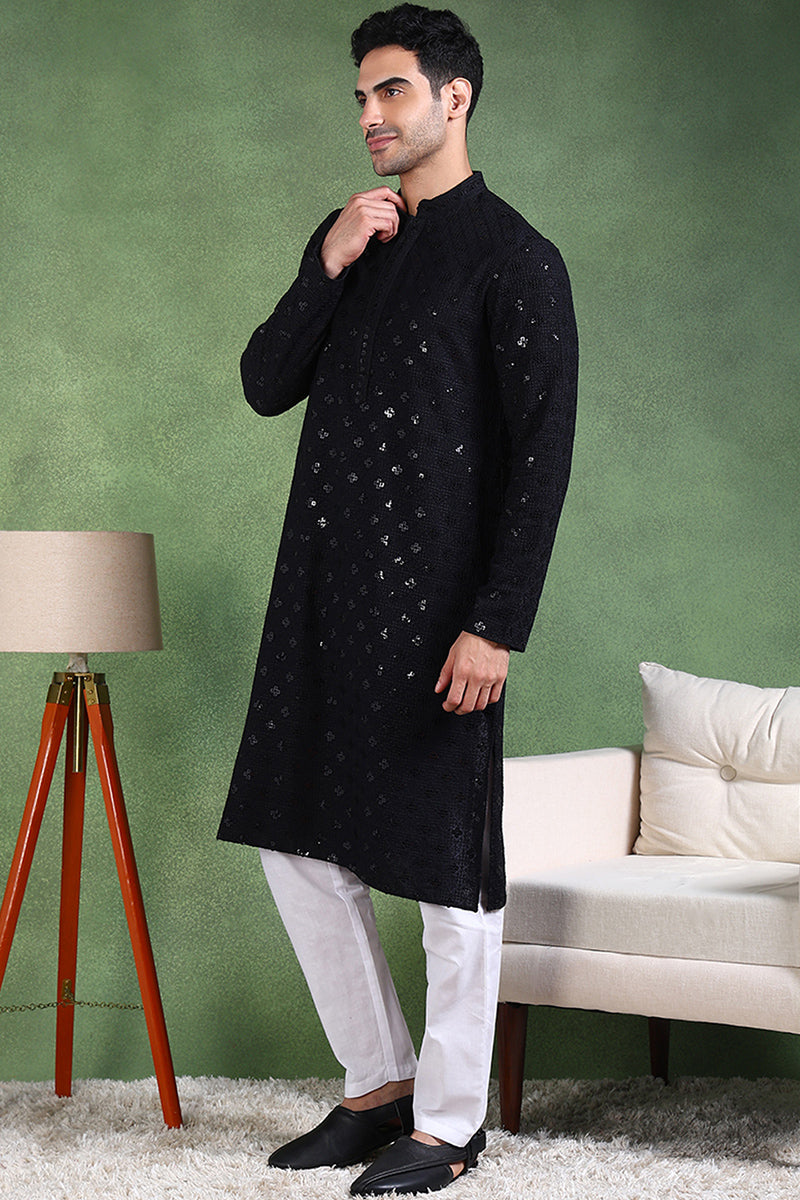 Ethnic Bay Black Viscose Rayon Solid Embroidered Straight Kurta For Men | SHOBITAM