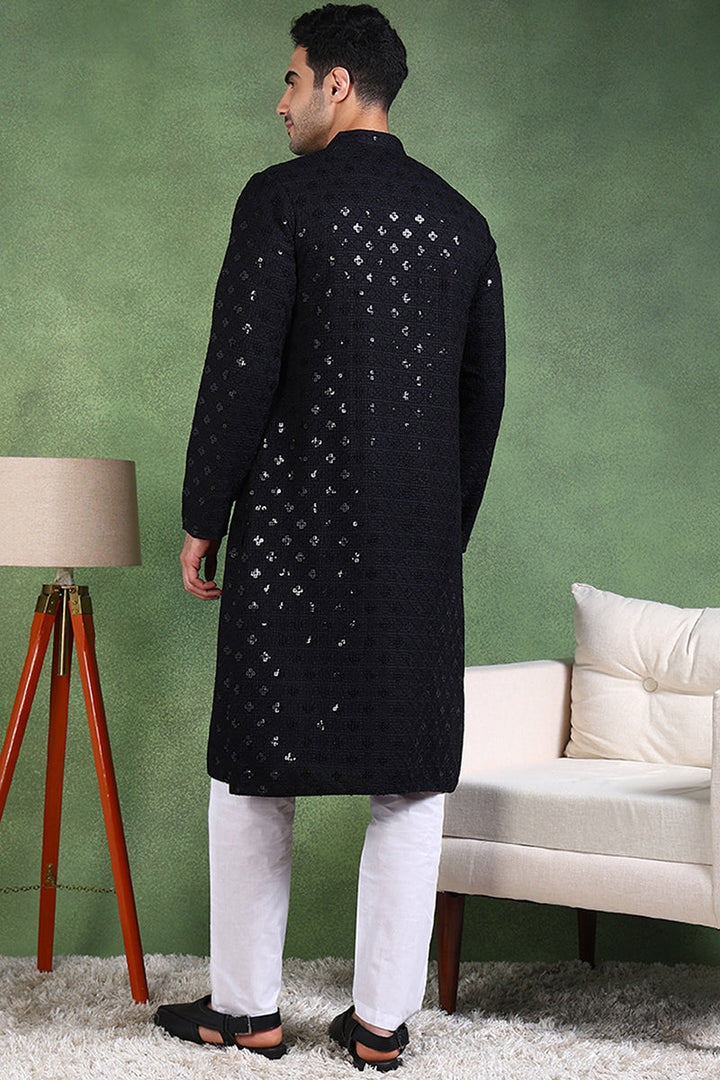 Ethnic Bay Black Viscose Rayon Solid Embroidered Straight Kurta For Men | SHOBITAM