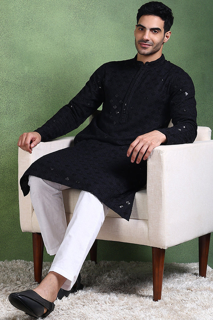 Ethnic Bay Black Viscose Rayon Solid Embroidered Straight Kurta For Men | SHOBITAM