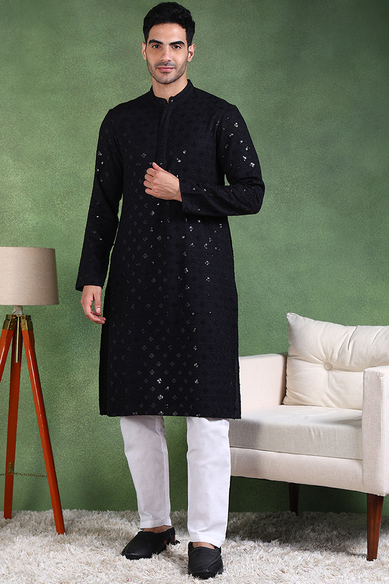 Ethnic Bay Black Viscose Rayon Solid Embroidered Straight Kurta For Men | SHOBITAM