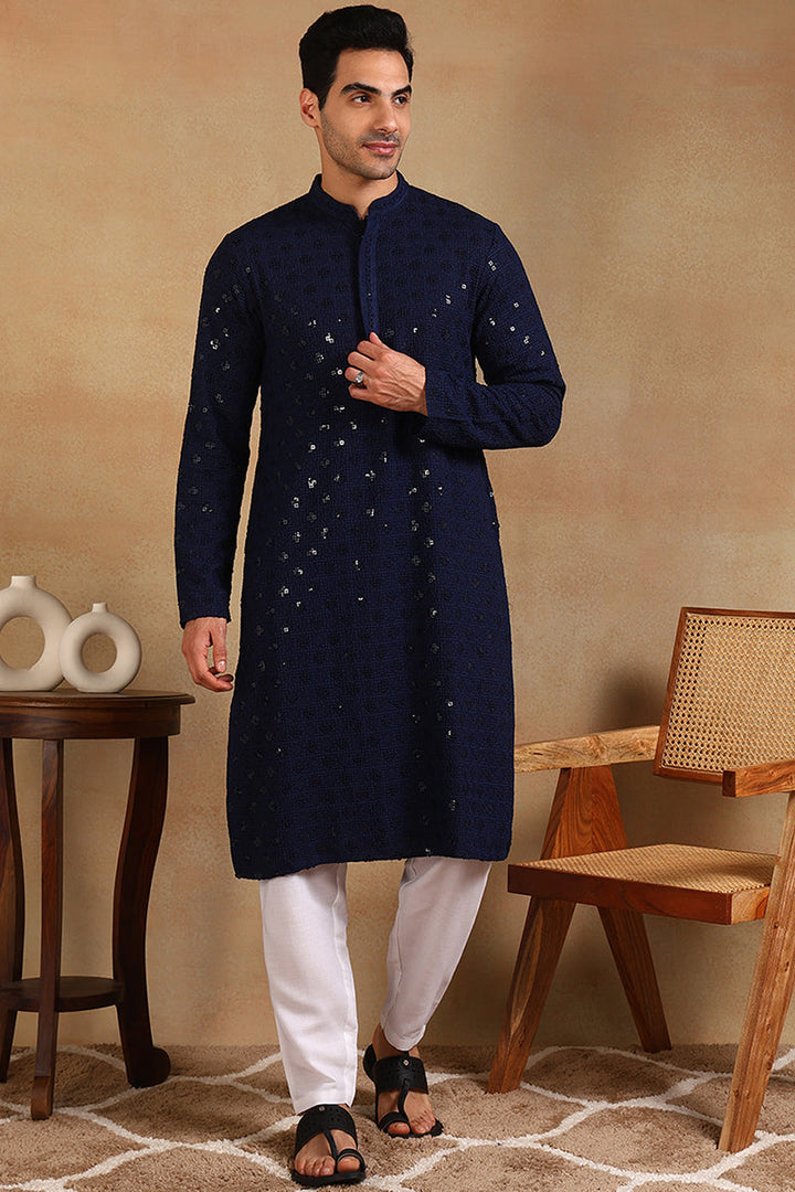 Navy Blue Viscose Rayon Solid Embroidered Straight Kurta For Men | SHOBITAM