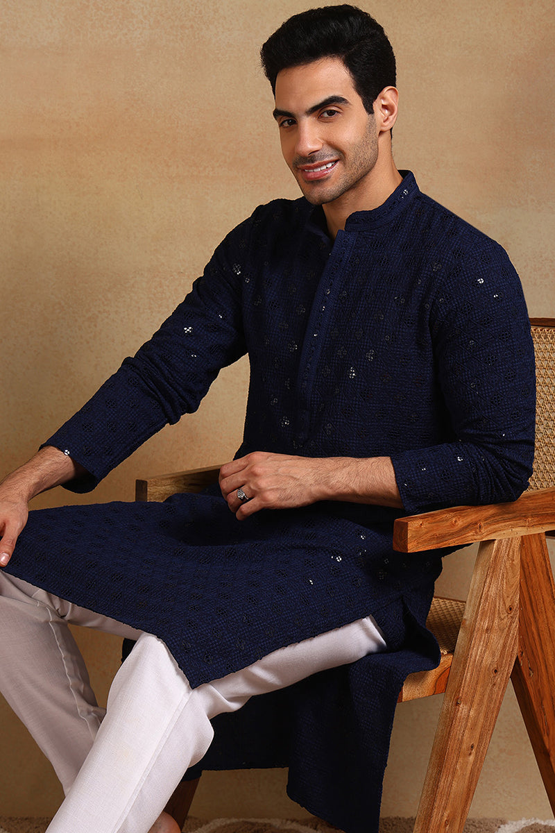 Navy Blue Viscose Rayon Solid Embroidered Straight Kurta For Men | SHOBITAM