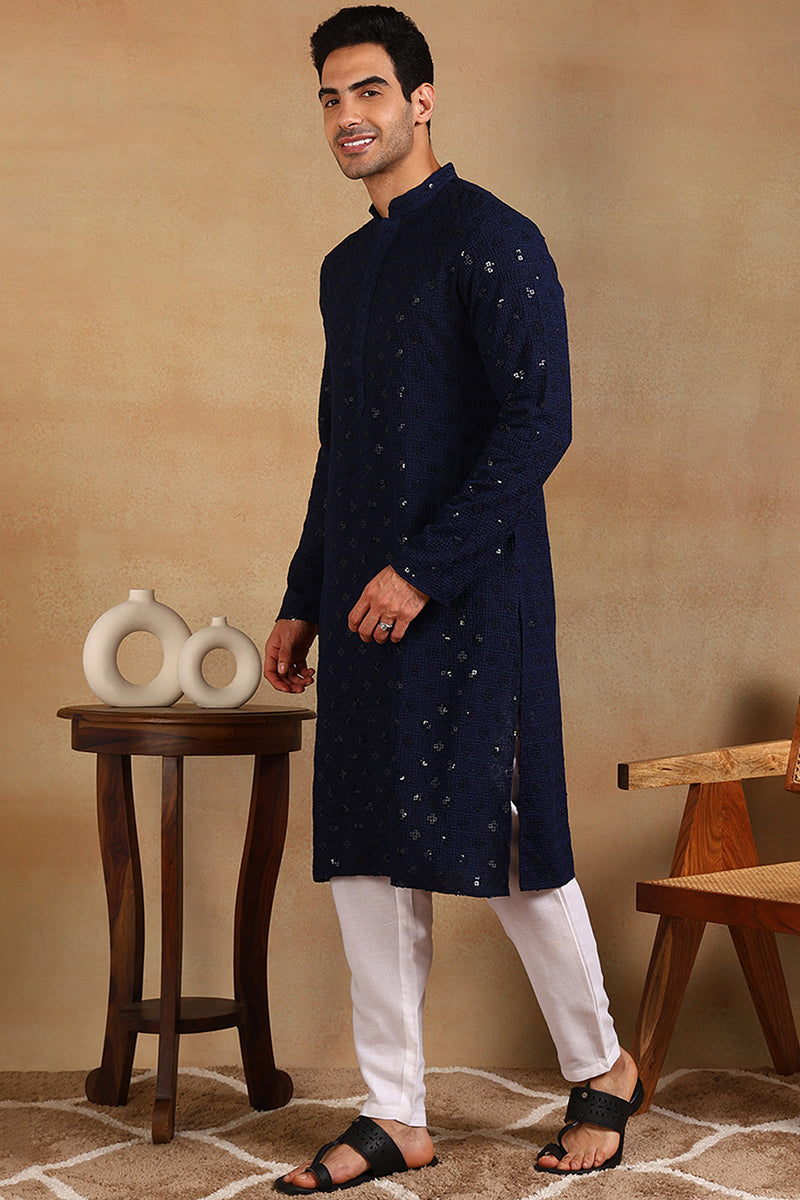 Navy Blue Viscose Rayon Solid Embroidered Straight Kurta For Men | SHOBITAM
