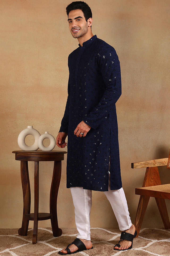 Navy Blue Viscose Rayon Solid Embroidered Straight Kurta For Men | SHOBITAM