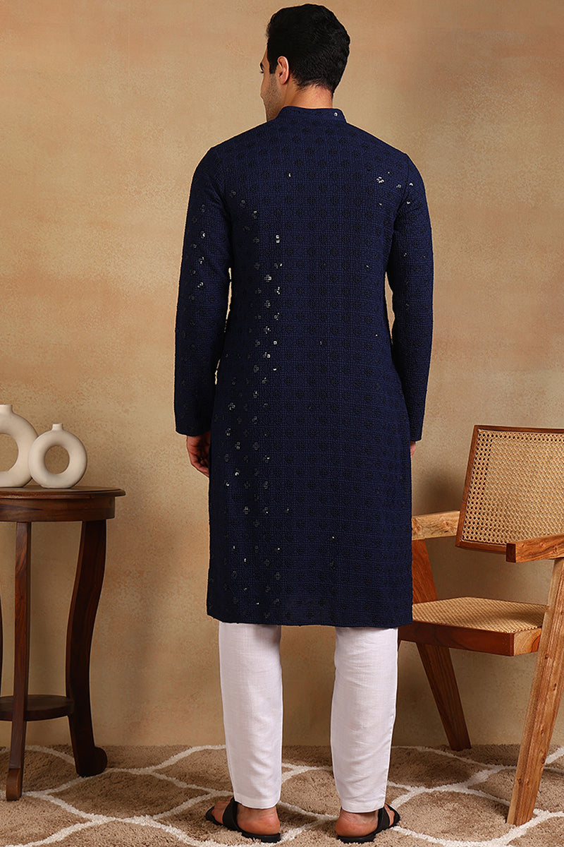 Navy Blue Viscose Rayon Solid Embroidered Straight Kurta For Men | SHOBITAM