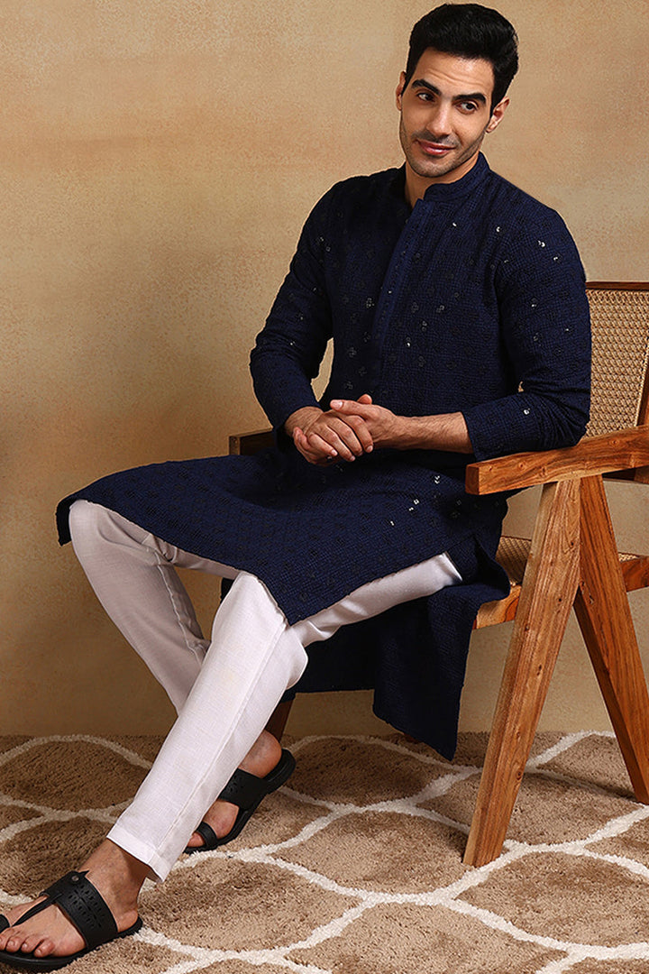 Navy Blue Viscose Rayon Solid Embroidered Straight Kurta For Men | SHOBITAM