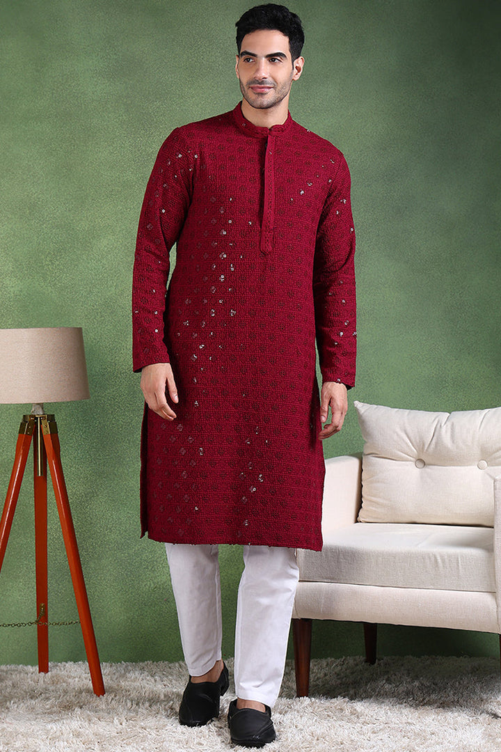 Wine Viscose Rayon Solid Embroidered Straight Kurta For Men | SHOBITAM