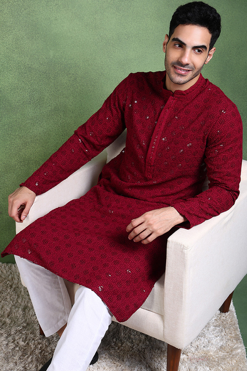 Wine Viscose Rayon Solid Embroidered Straight Kurta For Men | SHOBITAM