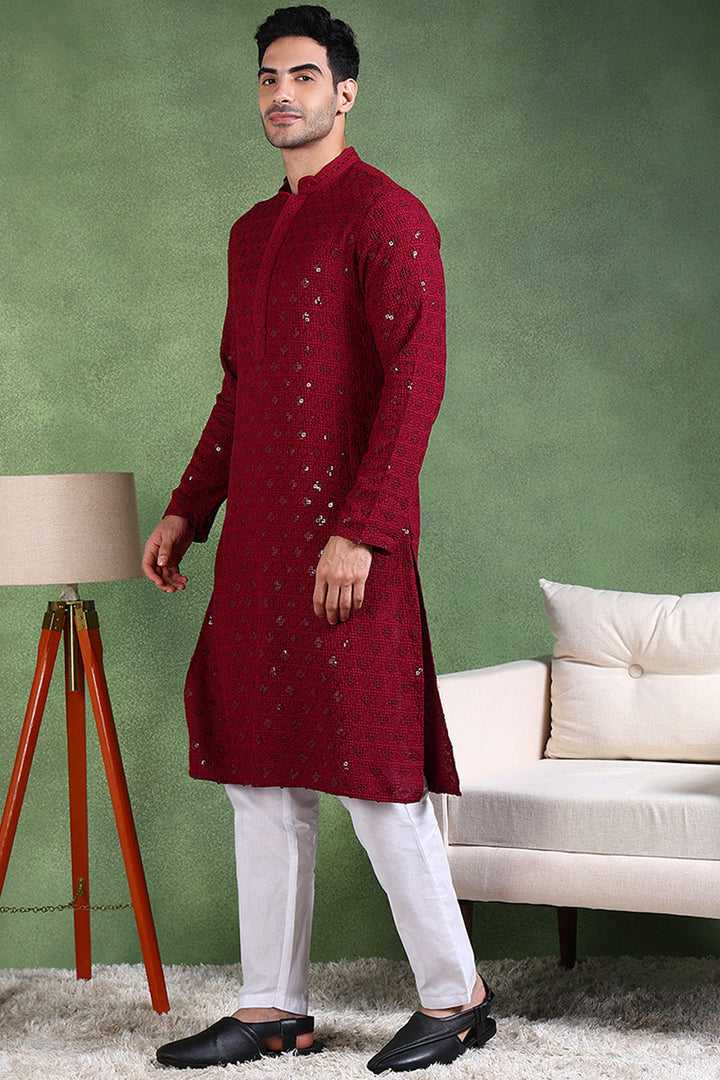 Wine Viscose Rayon Solid Embroidered Straight Kurta For Men | SHOBITAM