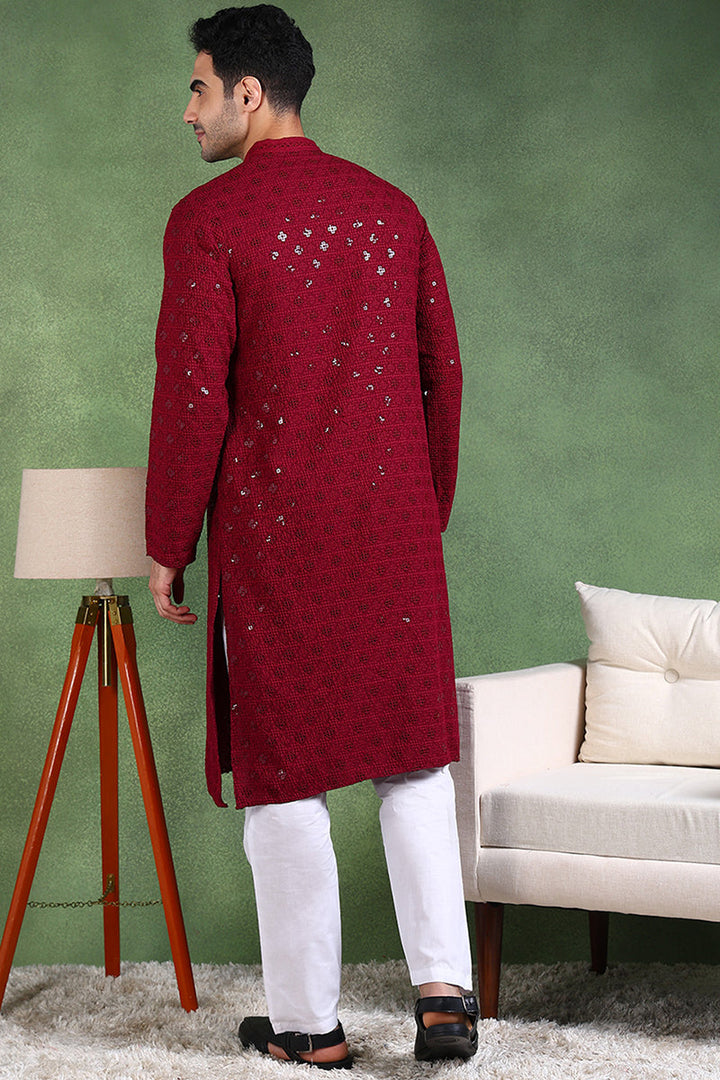 Wine Viscose Rayon Solid Embroidered Straight Kurta For Men | SHOBITAM