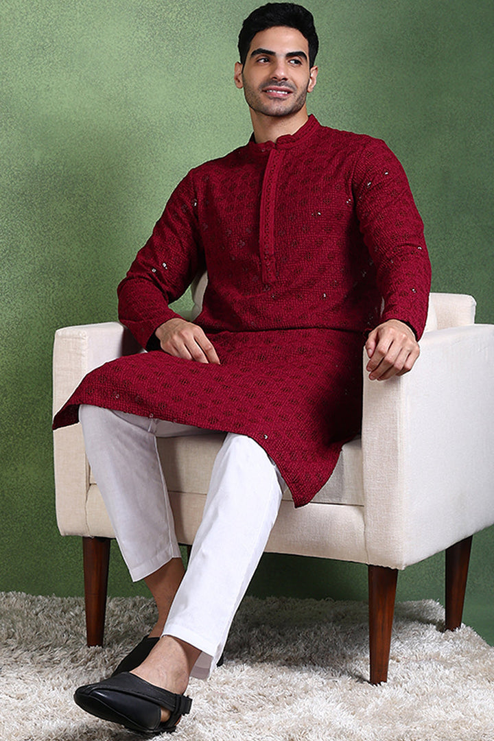 Wine Viscose Rayon Solid Embroidered Straight Kurta For Men | SHOBITAM