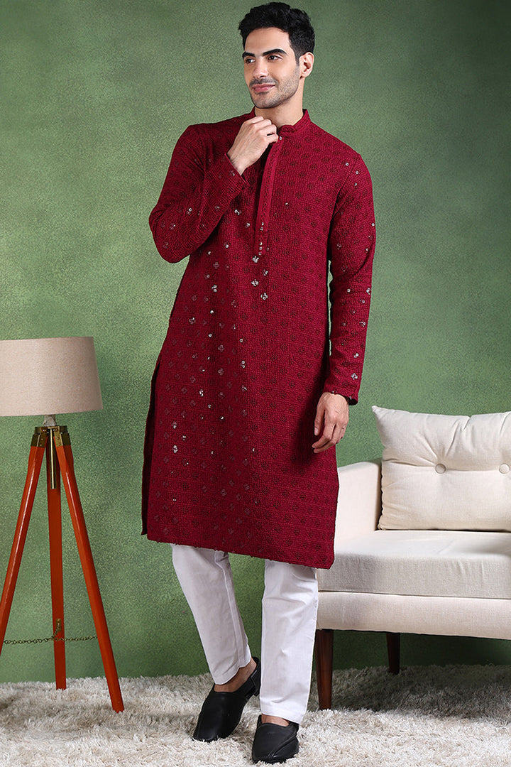 Wine Viscose Rayon Solid Embroidered Straight Kurta For Men | SHOBITAM
