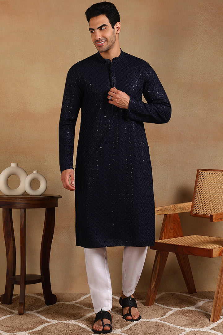 Navy Blue Viscose Rayon Solid Embroidered Straight Kurta For Men | SHOBITAM