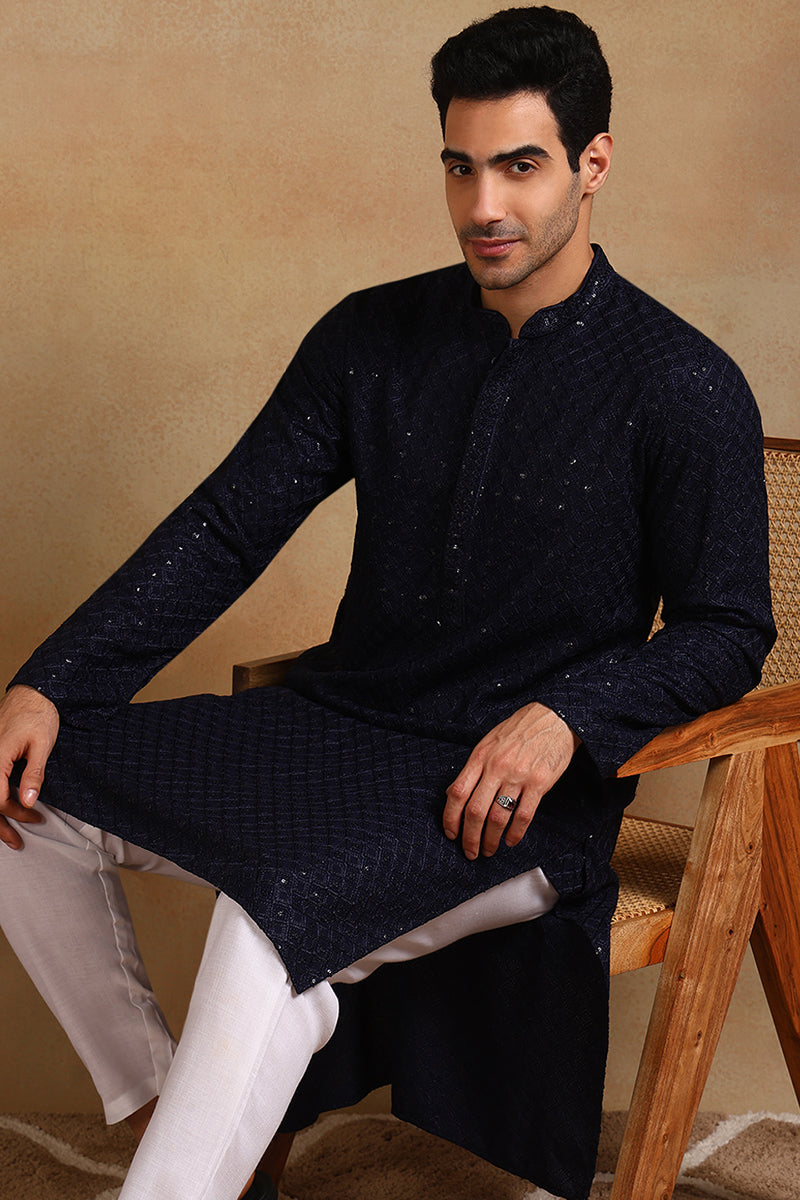 Navy Blue Viscose Rayon Solid Embroidered Straight Kurta For Men | SHOBITAM