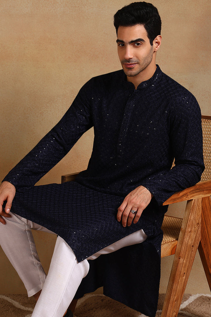 Navy Blue Viscose Rayon Solid Embroidered Straight Kurta For Men | SHOBITAM