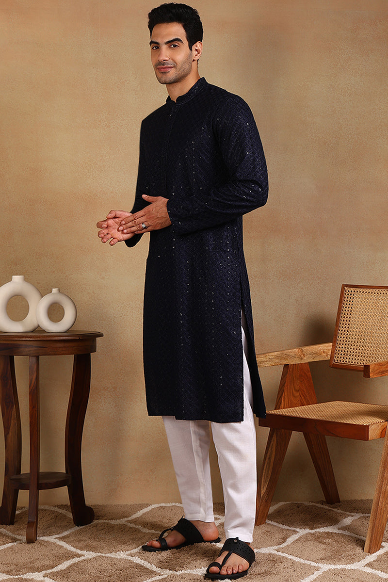 Navy Blue Viscose Rayon Solid Embroidered Straight Kurta For Men | SHOBITAM
