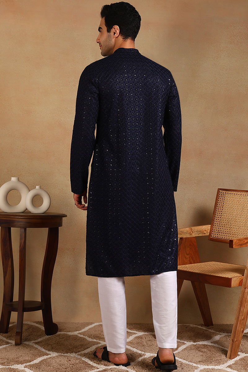 Navy Blue Viscose Rayon Solid Embroidered Straight Kurta For Men | SHOBITAM