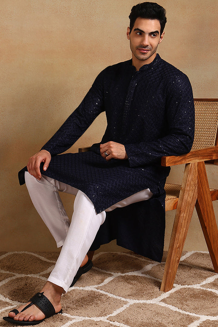 Navy Blue Viscose Rayon Solid Embroidered Straight Kurta For Men | SHOBITAM