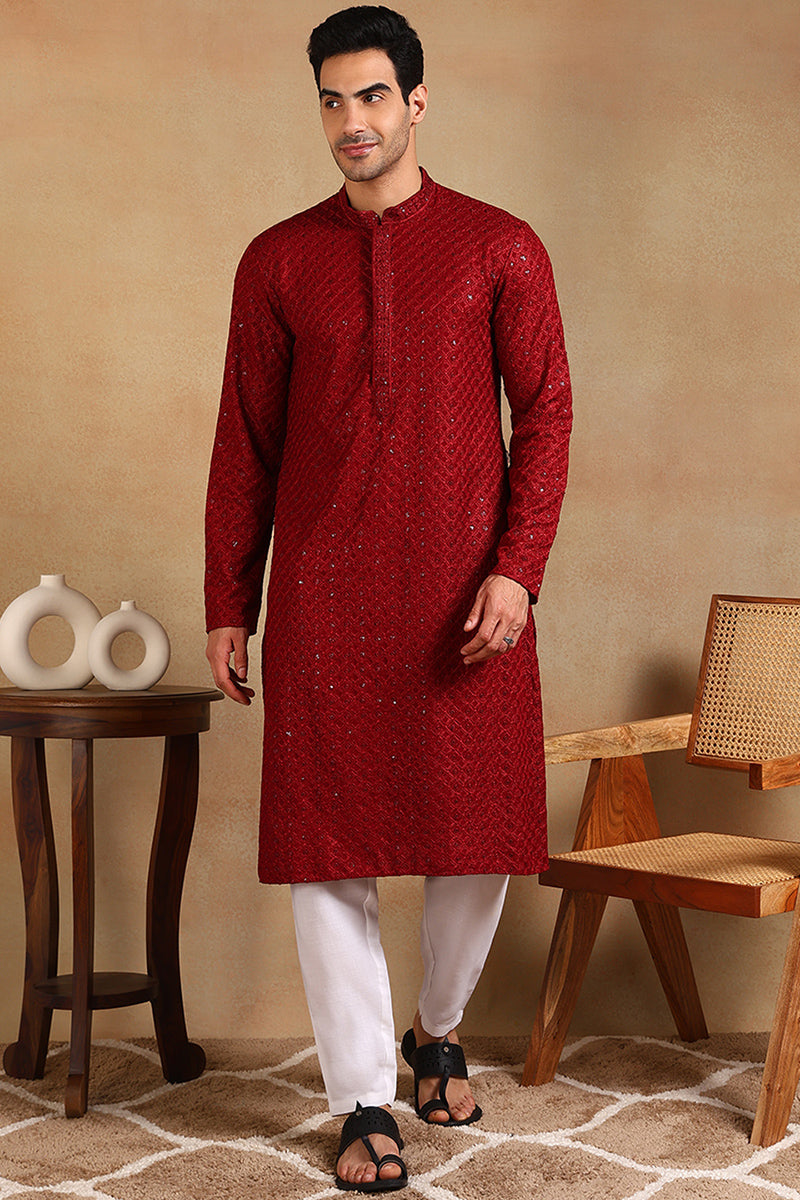 Maroon Viscose Rayon Solid Embroidered Straight Kurta For Men | SHOBITAM