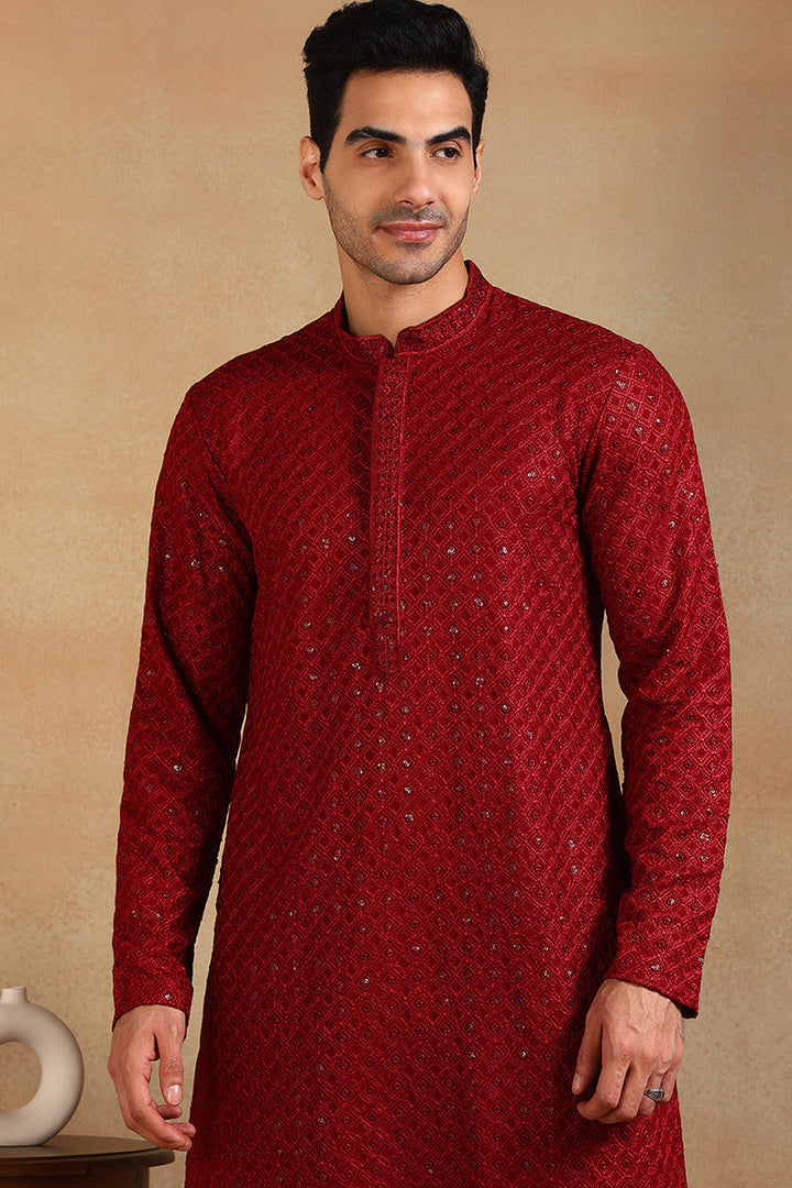 Maroon Viscose Rayon Solid Embroidered Straight Kurta For Men | SHOBITAM