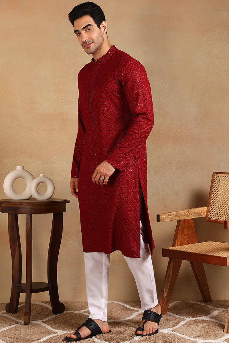 Maroon Viscose Rayon Solid Embroidered Straight Kurta For Men | SHOBITAM