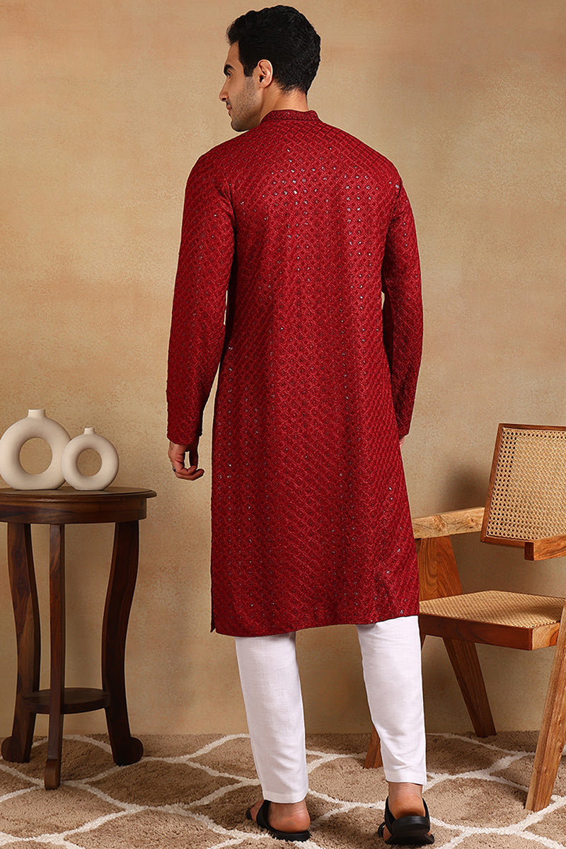 Maroon Viscose Rayon Solid Embroidered Straight Kurta For Men | SHOBITAM