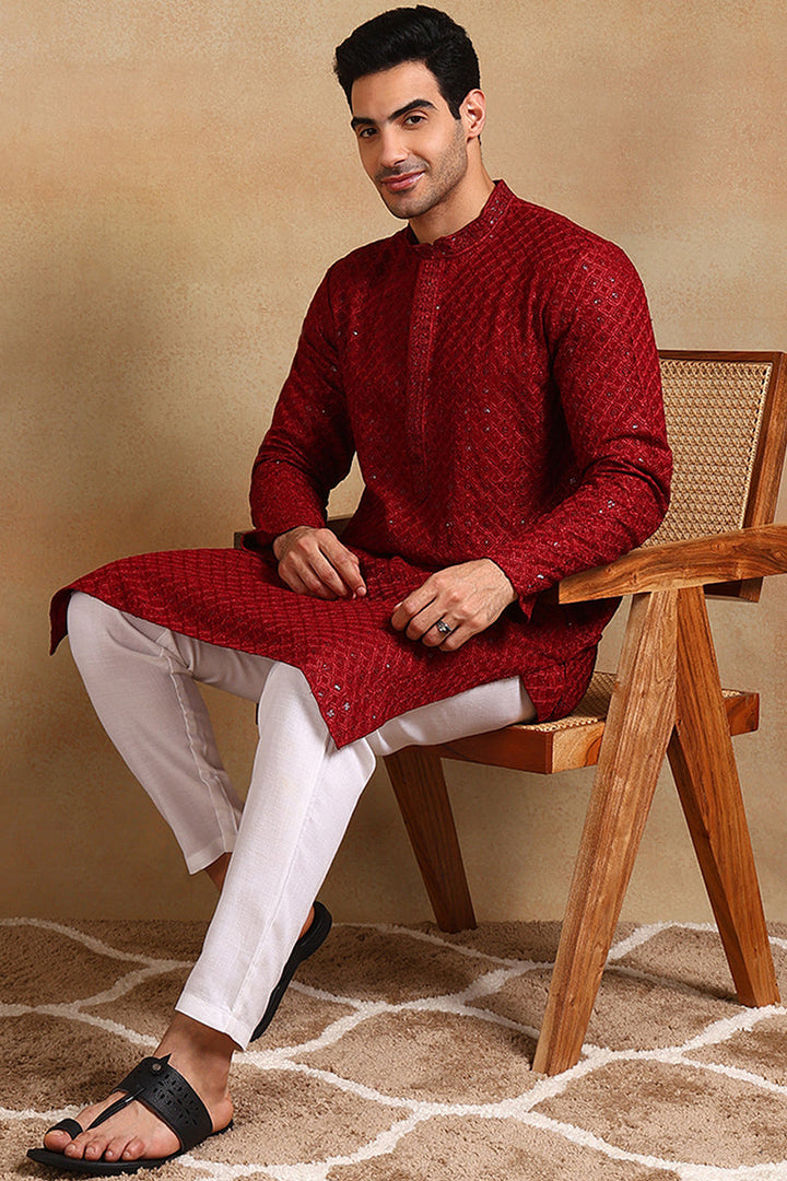 Maroon Viscose Rayon Solid Embroidered Straight Kurta For Men | SHOBITAM