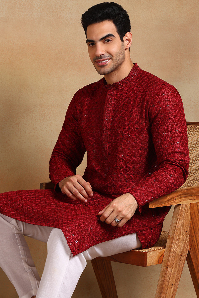 Maroon Viscose Rayon Solid Embroidered Straight Kurta For Men | SHOBITAM
