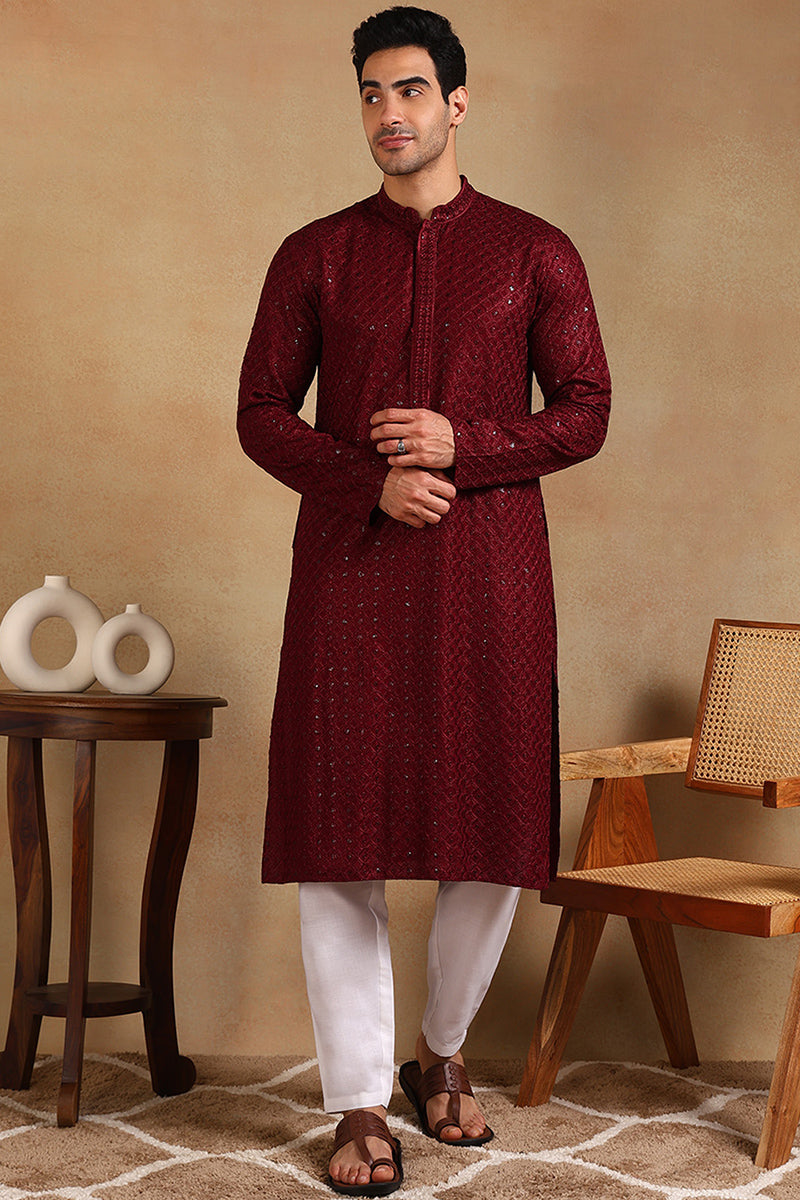 Wine Viscose Rayon Solid Embroidered Straight Kurta For Men  | SHOBITAM