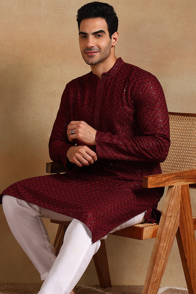 Wine Viscose Rayon Solid Embroidered Straight Kurta For Men  | SHOBITAM