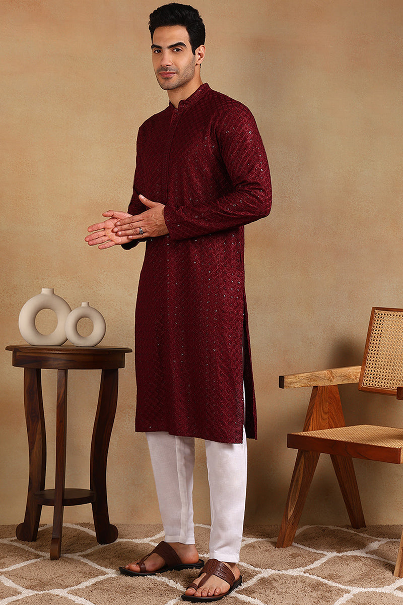 Wine Viscose Rayon Solid Embroidered Straight Kurta For Men  | SHOBITAM