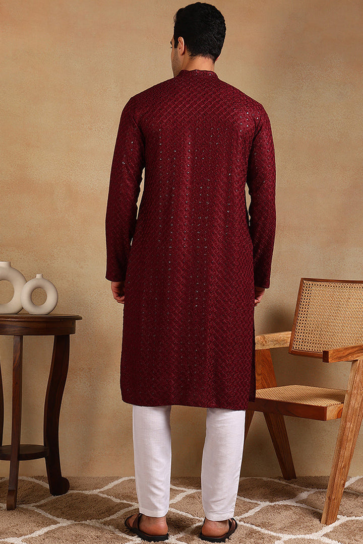 Wine Viscose Rayon Solid Embroidered Straight Kurta For Men  | SHOBITAM