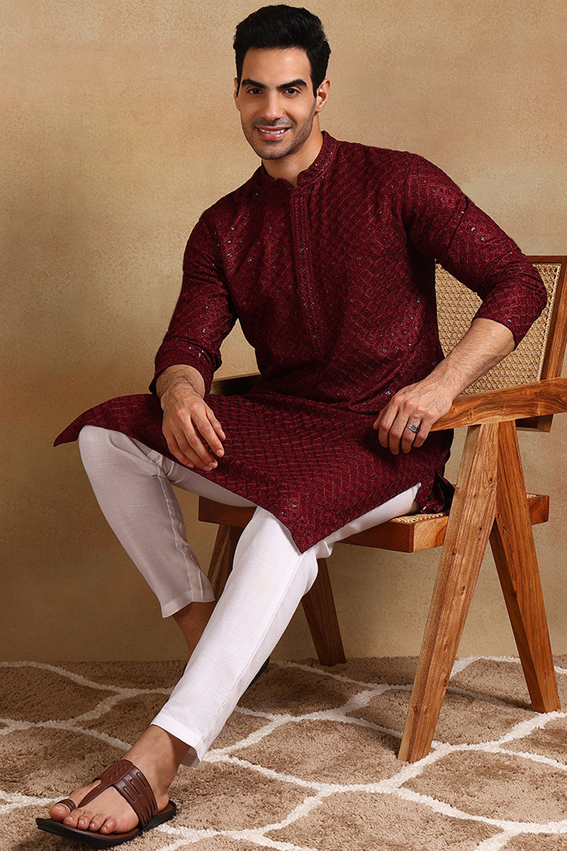 Wine Viscose Rayon Solid Embroidered Straight Kurta For Men  | SHOBITAM