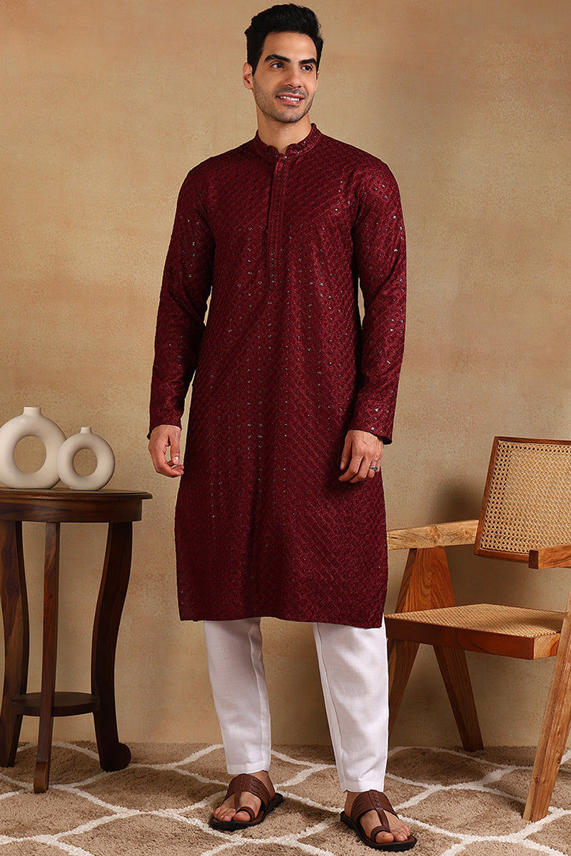 Wine Viscose Rayon Solid Embroidered Straight Kurta For Men  | SHOBITAM