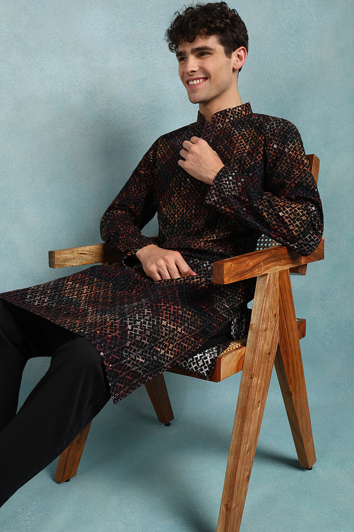 Black Viscose Rayon Ethnic Motifs Embroidered Straight Kurta For Men | SHOBITAM