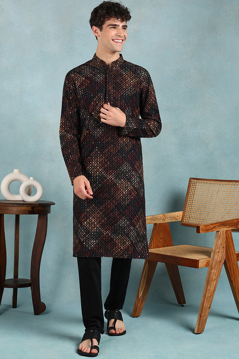 Black Viscose Rayon Ethnic Motifs Embroidered Straight Kurta For Men | SHOBITAM