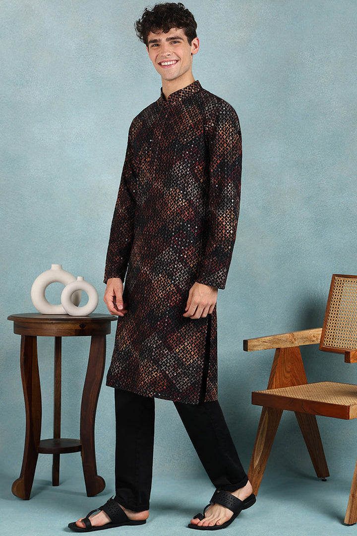 Black Viscose Rayon Ethnic Motifs Embroidered Straight Kurta For Men | SHOBITAM