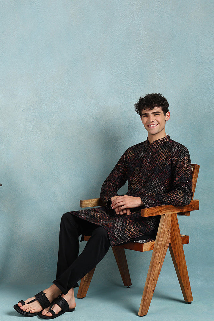 Black Viscose Rayon Ethnic Motifs Embroidered Straight Kurta For Men | SHOBITAM