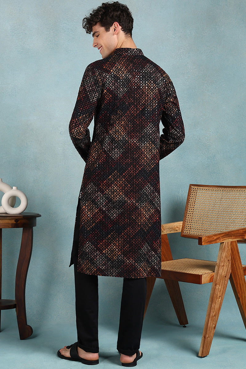 Black Viscose Rayon Ethnic Motifs Embroidered Straight Kurta For Men | SHOBITAM