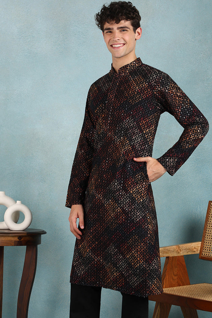 Black Viscose Rayon Ethnic Motifs Embroidered Straight Kurta For Men | SHOBITAM
