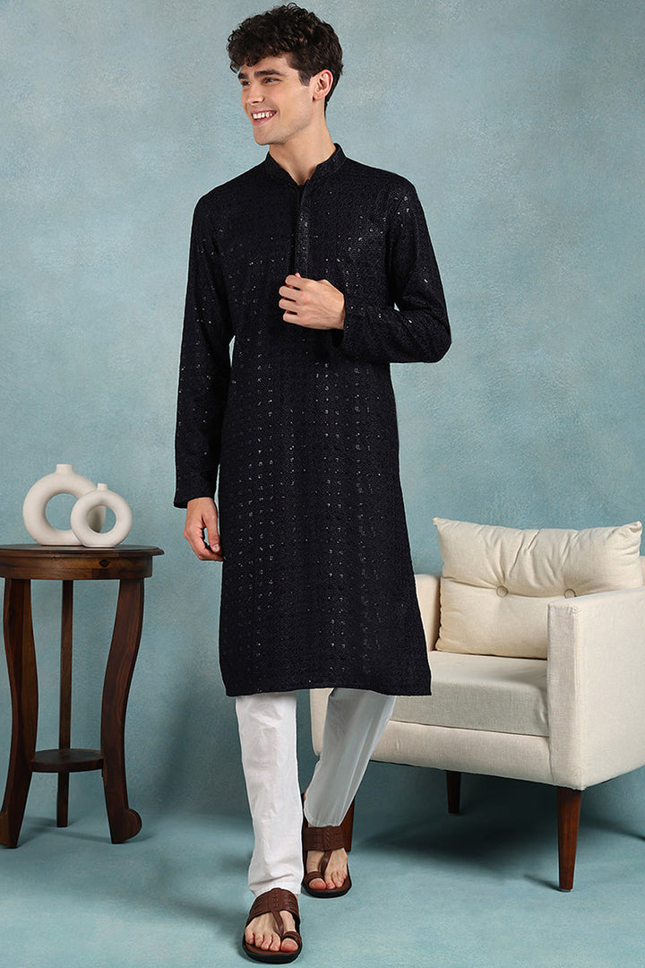 Navy Blue Viscose Rayon Solid Embroidered Straight Kurta For Men | SHOBITAM