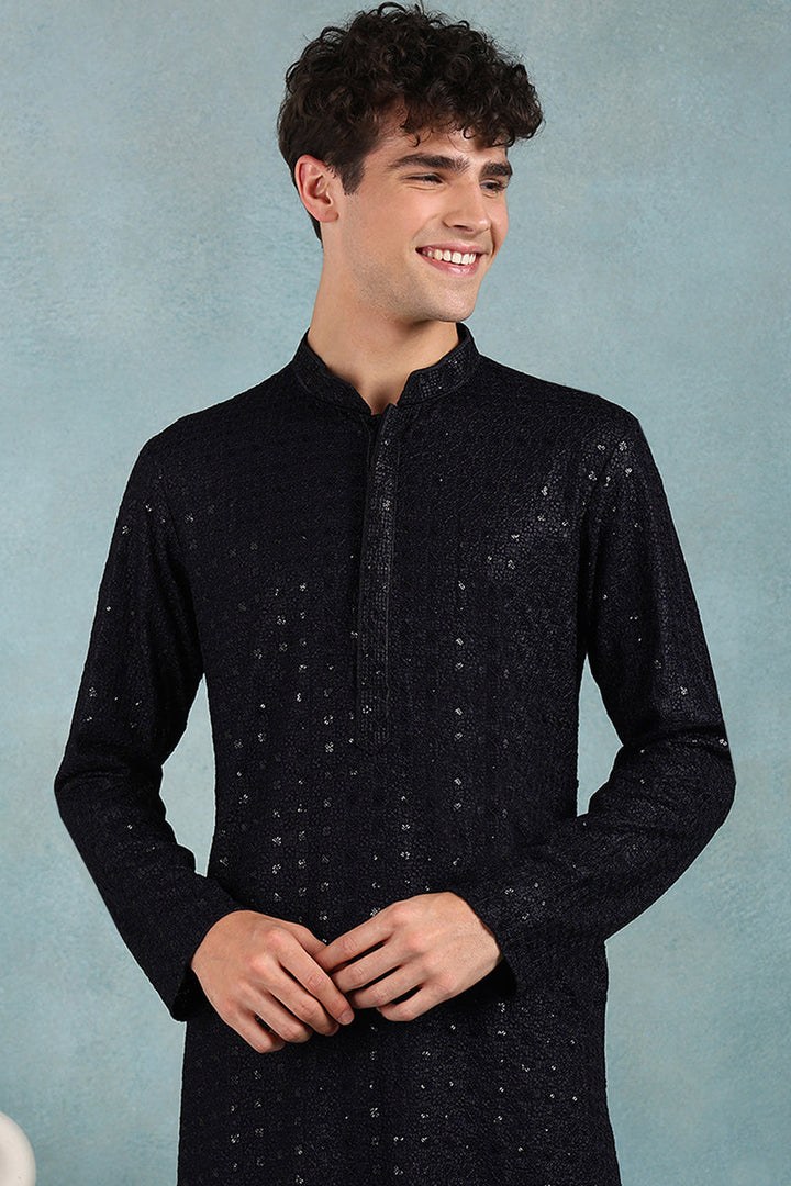 Navy Blue Viscose Rayon Solid Embroidered Straight Kurta For Men | SHOBITAM