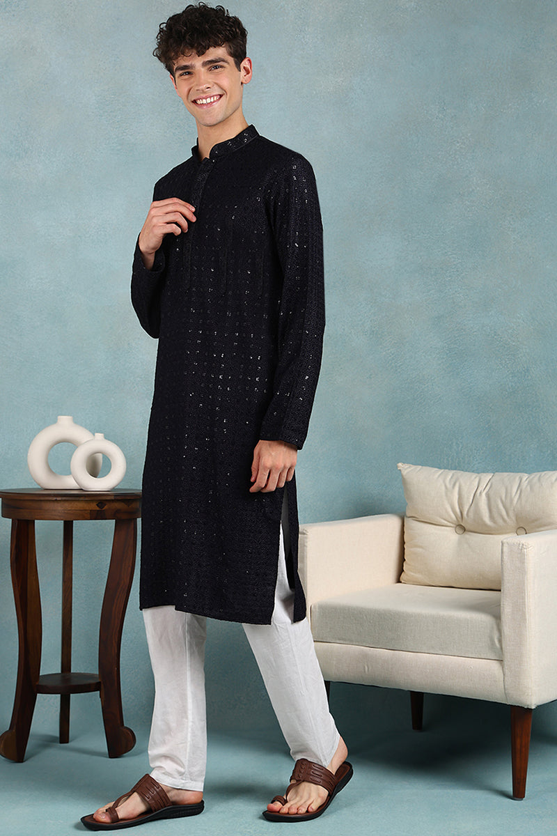Navy Blue Viscose Rayon Solid Embroidered Straight Kurta For Men | SHOBITAM