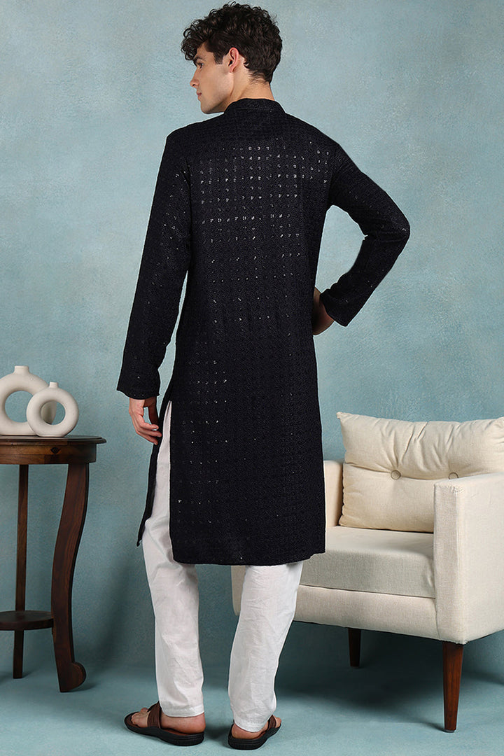 Navy Blue Viscose Rayon Solid Embroidered Straight Kurta For Men | SHOBITAM